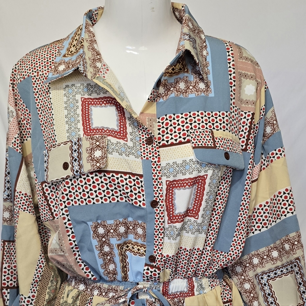 Mixed Print Patchwork Button-Down Mini Shirt Dres… - image 3